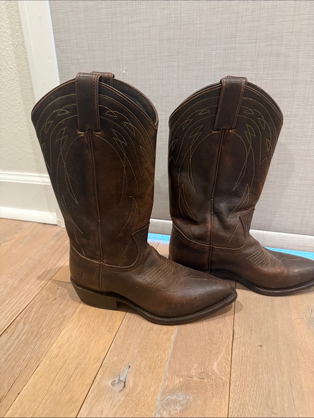 Frye Brown Leather Western Heeled Boots with Stitch Detail - Picture 2 of 10